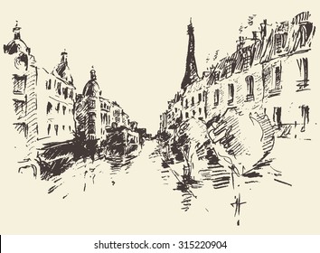 Streets in Paris, France, vintage engraved illustration, hand drawn