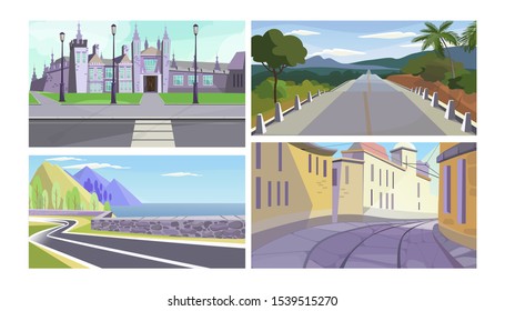 Streets And Roads Vector Illustration Set. Mansion Facade With Grass And Pavement, Country Road, Highway Along Seaside, Narrow Old City Alley. Travel Or Way Concept