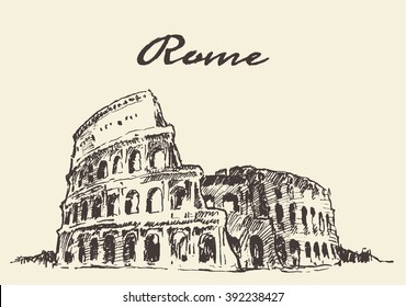 Streets in Rome, Colosseum, vector illustration, hand drawn, sketch
