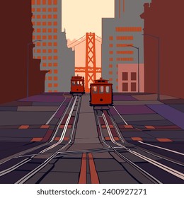 Calles de San Francisco con sistema de teleférico. Ciudad de América del Norte, Estados Unidos, California. Puente de la bahía de Oakland. Gráfico vectorial, ilustración creada por artista. 