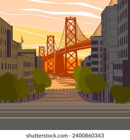 Streets of San Francisco. City in North America, USA, California. Oakland Bay Bridge. Vector graphic, illustration created by artist. 