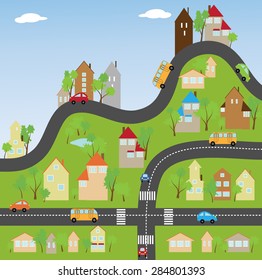 The streets of a small town with houses and cars