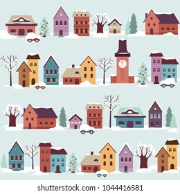 Streets Of Snow-covered Town In Winter Christmas Time With Houses, Decorated Trees, Snow Drifts And Cars. May Be Used As Pattern Or Single Illustration.