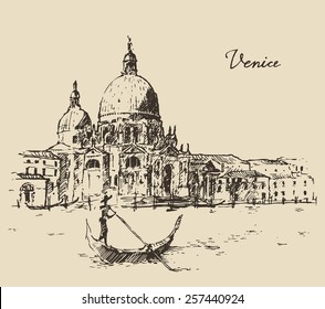 Streets in Venice (Italy) with gondola, vintage engraved illustration, hand drawn