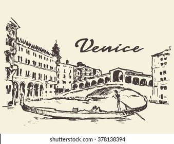Streets in Venice (Italy) with gondola, vintage engraved illustration, hand drawn