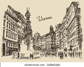 Streets in Vienna (Austria), hand drawn vector illustration, sketch, engraved style