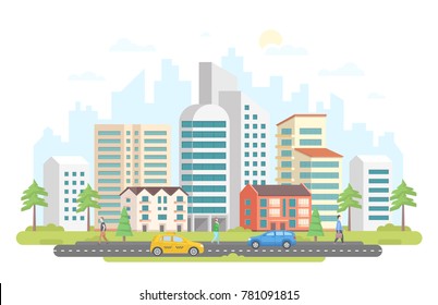 Streetscape - modern colorful flat design style vector illustration