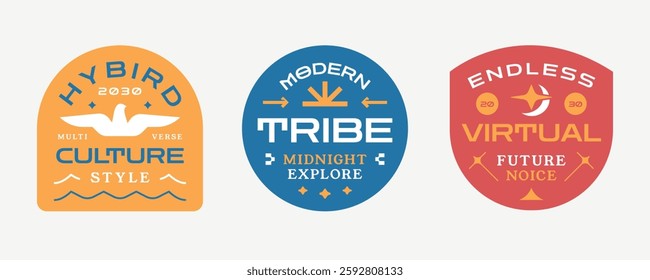 Streetwear badges labels, stickers collection. Apparel logos with geometric element in modern y2k style.