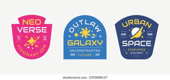 Streetwear badges labels, stickers collection. Apparel logos with geometric element in modern y2k style.