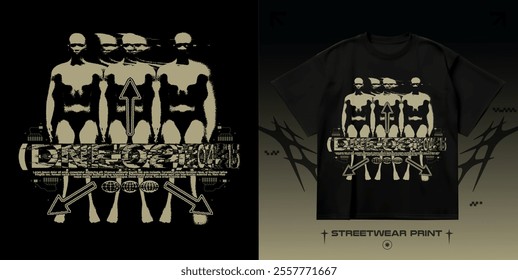 Streetwear blurred people silhouettes print. Street 3D grunge blurred print for t-shirt, hoodie and sweatshirt. Isolated on black background	