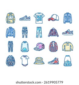 streetwear cloth fashion urban doodle icons set vector. person style, retro shirt, print shape, vintage model, y2k street, angel chair, acid streetwear cloth fashion urban sketch hand drawn