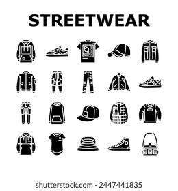 streetwear cloth fashion urban icons set vector. person style, retro shirt, print shape, vintage model, y2k street, angel chair, acid streetwear cloth fashion urban glyph pictogram Illustrations