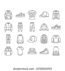 streetwear cloth fashion urban icons set vector. person style, retro shirt, print shape, vintage model, y2k street, angel chair, acid streetwear cloth fashion urban black contour illustrations