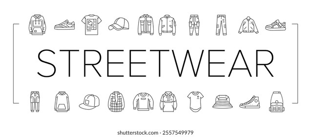 streetwear cloth fashion urban icons set vector. person style, retro shirt, print shape, vintage model, y2k street, angel chair, acid streetwear cloth fashion urban black contour illustrations