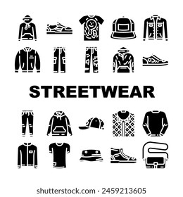 streetwear cloth urban style icons set vector. print element, shirt woman, abstract fashion, shop wear, globe angel, futuristic streetwear cloth urban style glyph pictogram Illustrations