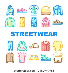 streetwear cloth urban style icons set vector. print element, shirt woman, abstract fashion, shop wear, globe angel, futuristic streetwear cloth urban style color line illustrations