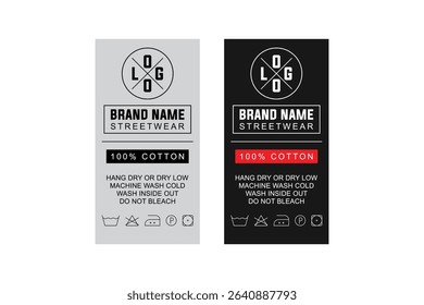 Streetwear Clothing Label Template. Editable Cotton Apparel Tag with Wash Care Symbols for Fashion Branding