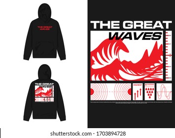 streetwear design hoodie with industrial the great waves