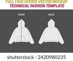 Streetwear Full Zip Hoodie Fashion Vector Mock-up Template Full Face Hoodie Unisex Sweatshirt Women Men Hoodie Vector Illustration Full-Zip Hooded Sweatshirt Full Zip Up Sweatshirt Flat Technical 