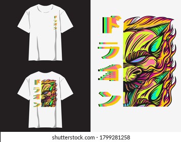 streetwear graphic design for t shirt
illustration dragon half face, translate : " dragon "