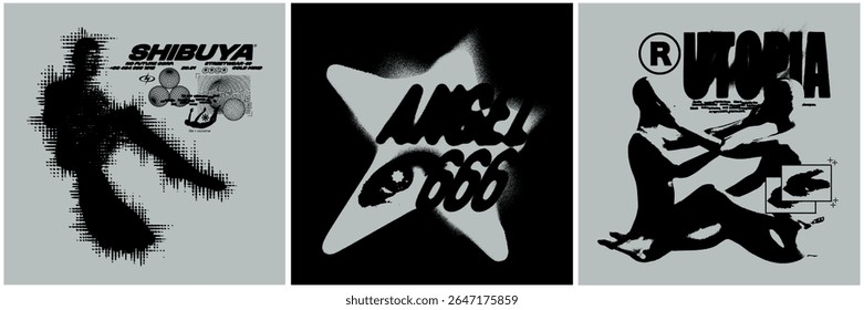 Streetwear grunge print set with distorted silhouettes, abstract shapes and blurred 3D angel star typography. Y2K surreal brutalism for t-shirt design. Isolated on black background