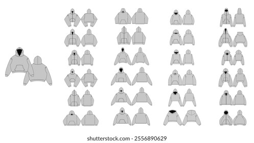 Streetwear Hoodie Collection Technical Fashion Illustration - Zip Heavyweight Hoodie Flat Apparel Templates - Technical Drawing Set of Hoodies with Front and Back Views - Men, Woman, Unisex CAD Mockup