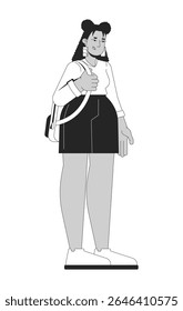 Mulher de rua latinoamericana curvilínea carregando personagem de linha 2D mochila. Mais tamanho menina hispânico estudante com mochila isolada tinta vetor pessoa contorno. Ilustração de ponto monocromático