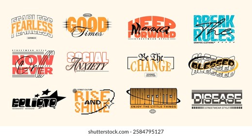 Streetwear logo set. Urban typography t-shirt design bundle, Minimalist typography graphic collection. Streetwear vector set