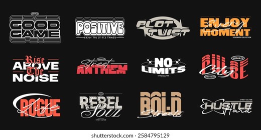 Streetwear logo set. Urban typography t-shirt design bundle, Minimalist typography graphic collection. Streetwear vector set