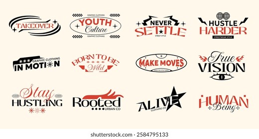 Streetwear logo set. Urban typography t-shirt design bundle, Minimalist typography graphic collection. Streetwear vector set