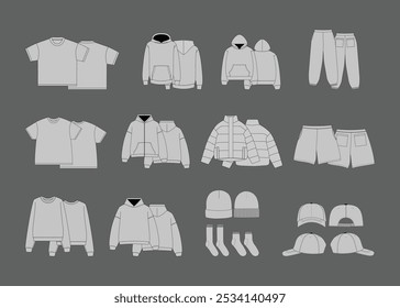 Streetwear Mockup Pack Template Bundle – Editable Vectors for Clothing Designers  - Collection of various clothing items including t-shirts, hoodies, jackets, pants, shorts, beanies, and caps flats