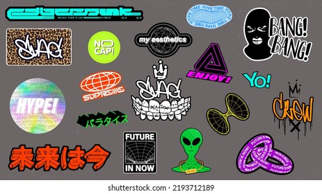 Parches y estampas en trajes retrofuturistas, graffiti, estilo de calle para merch, camiseta, huellas, tipografía, afiches. Pegatinas de moda. Traducción de personajes japoneses - ciberpunk, el futuro