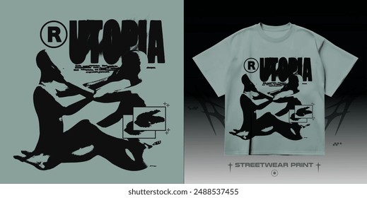 Streetwear people "UTOPIA" silhouettes print. Street 3D grunge blurred print for t-shirt, hoodie and sweatshirt. Isolated on black background