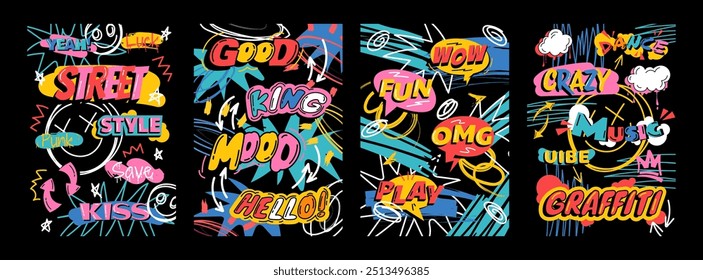 Streetwear poster. Merch art. Tee street sketch. T-shirt print. Graffiti mural drawing. Graphic typography. Marker doodles. Expression phrases. Abstract fashion design. Vector garish templates set