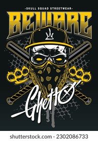 Streetwear print design with fighter skull in snapback and bandana. Baseball bats and brass knuckles behind. Street art, graffiti, grunge style. Print for hoodie or t-shirt.