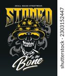 Streetwear print design with stoner skull. Marijuana smoke behind. Street art, graffiti, grunge style. Print for hoodie or t-shirt.