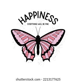 Streetwear Retro hand drawn Butterfly with Slogan Happiness for T shirt Design