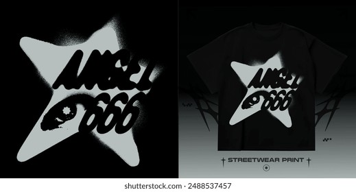 Streetwear star print. Street 3D grunge angel 666 print for t-shirt, hoodie and sweatshirt. Isolated on black background