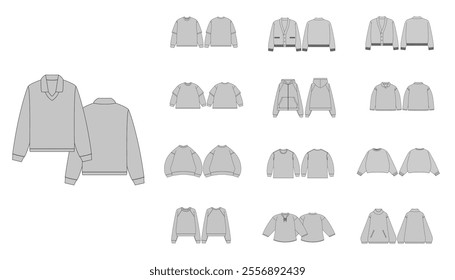 Streetwear Sweatshirts Collection Technical Fashion Illustration - Zipper Sweater Flat Apparel Templates - Technical Drawing Set of Cardigan with Front and Back Views - Men, Woman, Unisex Outwear