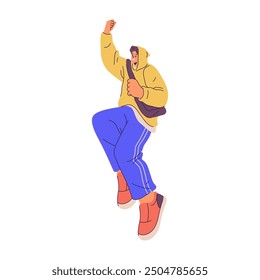 Streetwear of teenage boy in sweatshirt and sports pants, flat cartoon vector illustration. Isolated modern and stylish teenager in cool apparel or outfit. Teen fashion and wear style