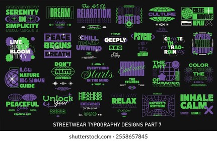 Streetwear Typography Vector Set. Streetwear Quotes Graphic T-shirt Designs, Streetwear T shirt Designs Bundle. Brutalism Collection for T-shirt Print. Clothing Design Pack. Typographic Set.