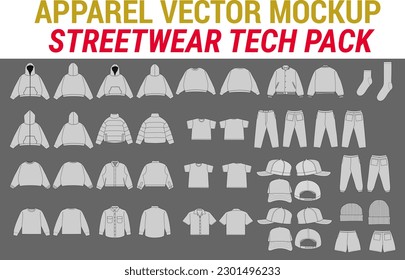 Streetwear Vector Mockup Pack Vector Apparel Mockup Collection Fashion Illustrator Vector Tech Pack - Men's t-shirt trucker hoodie joggers jacket short sweater pant design template - Shutterstock ID 2301496233