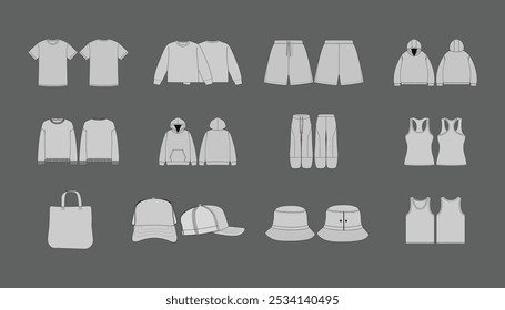 Streetwear Vector Mockup Pack for Fashion Brand - Blank tshirts long sleeve shirt shorts hoodie crewneck sweatshirts pullover hoodies jogger pants tanktop baseball caps tote bag bucket hat vectors.