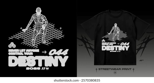 Streetwear wireframe people print. Street 3D grunge blurred text print for t-shirt, hoodie and sweatshirt. Isolated on black background	
