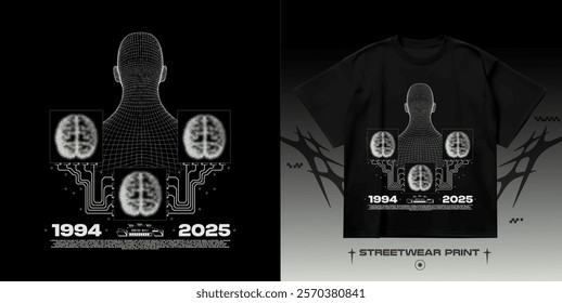 Streetwear wireframe people print. Street 3D grunge blurred brain print for t-shirt, hoodie and sweatshirt. Isolated on black background	
