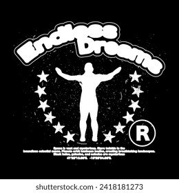 Streetwear Y2K print. Grunge blurred people "Endless dreams" with star. Vector 