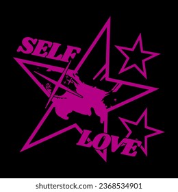 Streetwear Y2K print witch star and anime girl eyes. Modern graphic with text "Self Love". Isolated on black background