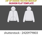 Streetwear Zip Up Hoodie Fashion Vector Mock-up Template Zip Hoodie Flat Illustration Unisex Sweatshirt Women Men Hoodie Vector Illustration Zip Up Hooded Sweatshirt Zip Sweatshirt Flat Technical Hood