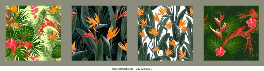 Strelitzia blossom, hawaiian hibiscus tropical flowers, palm leaves, monstera foliage seamless vector pattern set. Flowering plants fabric print. Tropical flowers and leavevs paradise desin.