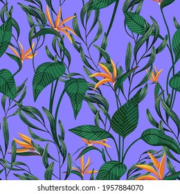 Strelitzia flowers and tropical leaves seamless pattern. Hand drawn vector illustration. Colored exotic plants ornament. Botanical design for fabric, textile, wallpaper, background, print, decor, wrap